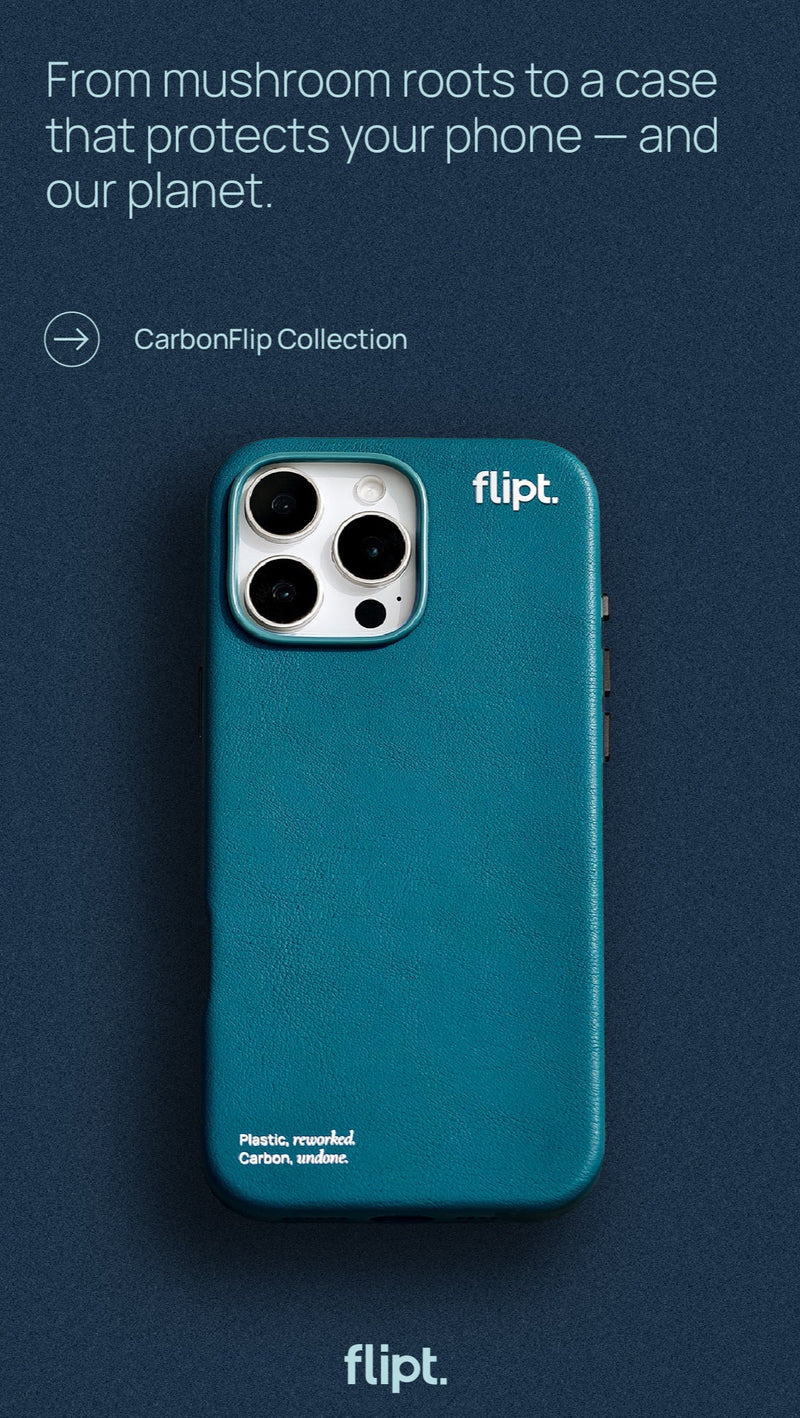 Teal phone case with 'flipt.' branding on a dark blue background